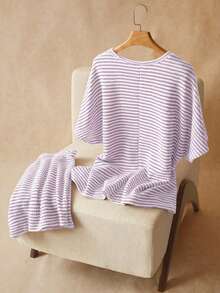 Elaquor Conjunto de 2 piezas talla grande: Camiseta y pantalones cortos de verano - Púrpura malva - Ver 2