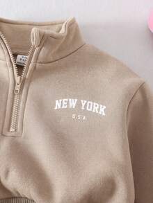 SHEIN 2pcs Baby Girl Fleece Sweatshirt & Pants Set, Embroidered Letter Design, Suitable For Outdoor And Indoor Wear, Autumn/Winter - Khaki - View 5