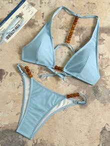Swim Vcay Women's Elegant Halter Neck Backless Tie Waist Pearl Decor Swimwear Set - Blue - View 4