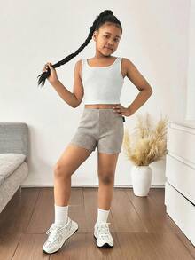 Tween Girls Ribbed Knit Skinny Shorts, Back To School, Mommy And Me Matching Outfits - Apricot - View 3