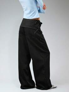 COUREZ Quần jeans ống rộng thắt nơ ở eo / Quần jeans cạp thấp phong cách Y2K, trang phục mùa thu cho nữ, trang phục đi chơi, quần jeans cạp thấp. - màu đen - Xem 6