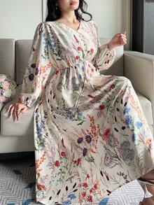 Dazy Plus Plus Size Women V-Neck Floral Print Elegant Waist Cinched Party Dress Sundress Boho Vacation Outfits Women - Multicolor - View 1