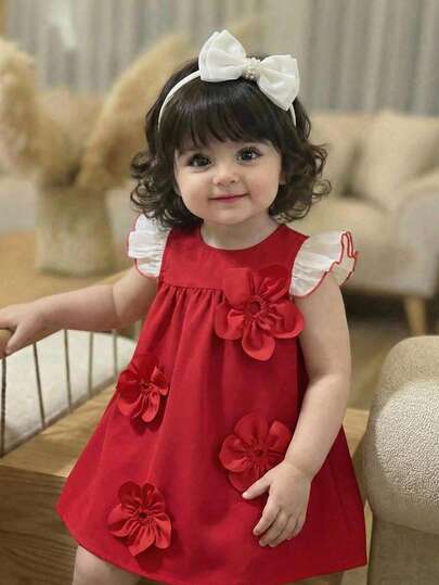 Vestido de línea A de manga corta con parche de contraste de color, decoración floral 3D y organza para bebé niña, talla grande, rojo