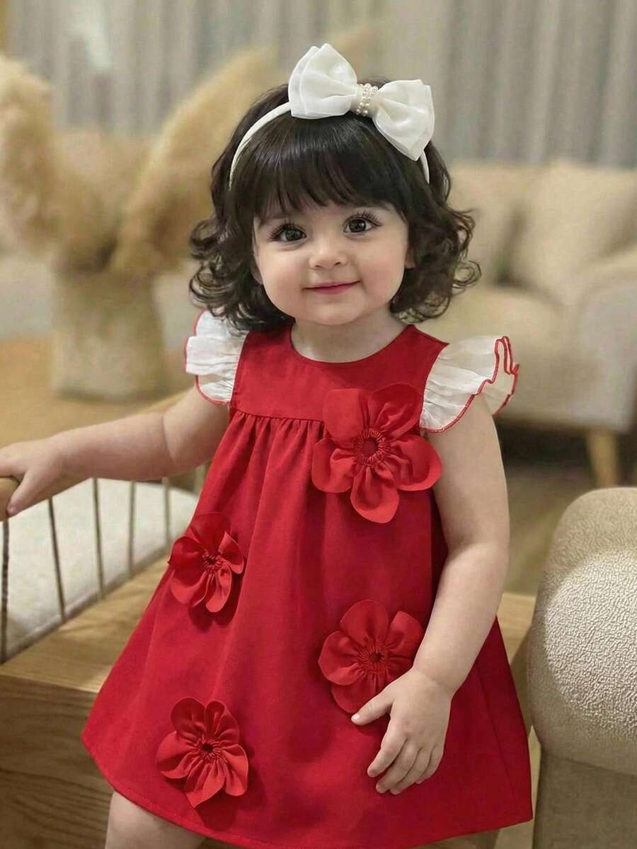 Đầm bé gái dáng chữ A tay ngắn phối màu organza, kiểu dáng thanh lịch, họa tiết hoa 3D, họa tiết tương phản, màu đỏ. - Đỏ - Xem 1