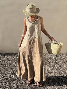 DAZY Textured Fabric Sleeveless Round Neck Mid-Length Dress For Women, Summer Holiday - Coffee Brown - View 1