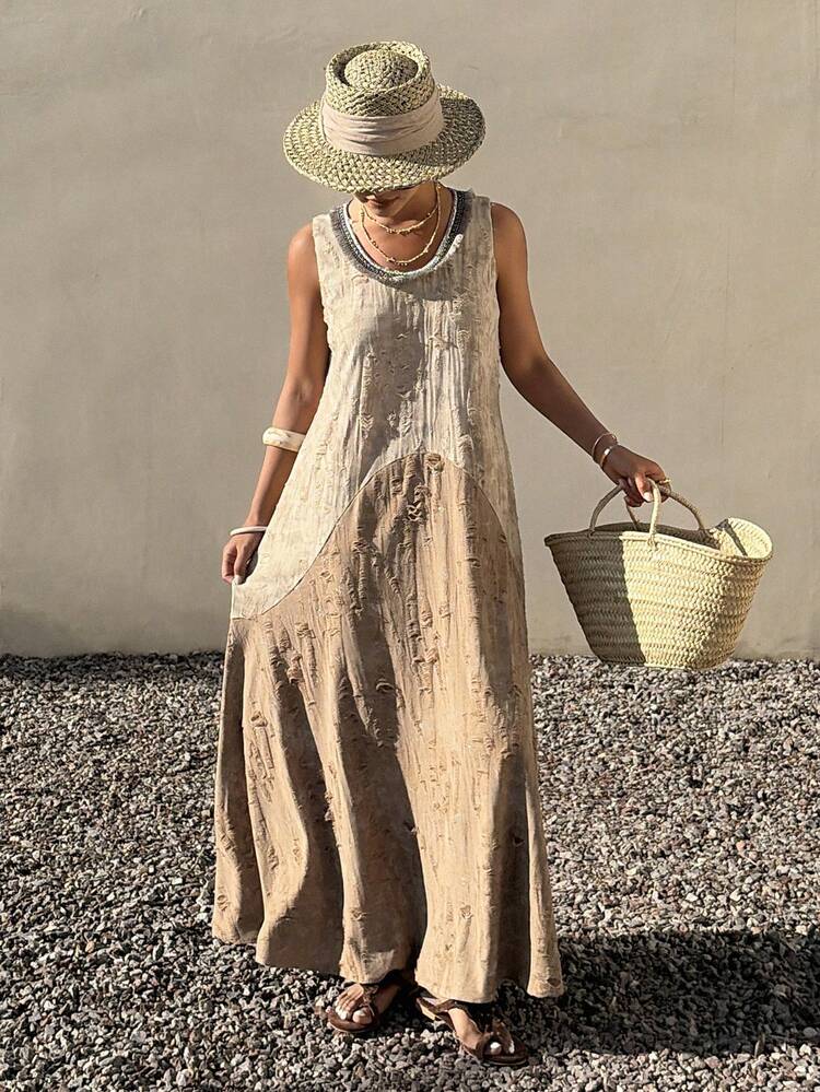 Textured Fabric Sleeveless Round Neck Mid-Length Dress For Women, Summer Holiday Sundress