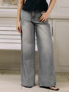 Criza Taa Casual Distressed Wide Leg Loose Denim Jeans Low Rise Jeans - Light Grey - View 6