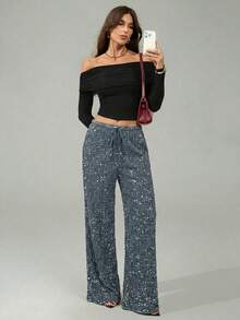 SHEIN Tall 女士黑色丝绒亮片休闲/音乐会/鸡尾酒会/夜生活/嘉年华抽绳阔腿裤 - 灰色 - 查看 6