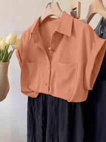 INAWLY Áo sơ mi nữ kiểu dáng thường ngày đơn giản, màu trơn, tay cánh dơi, phối nhiều túi, thích hợp cho mùa hè. - trái cam - Xem 1