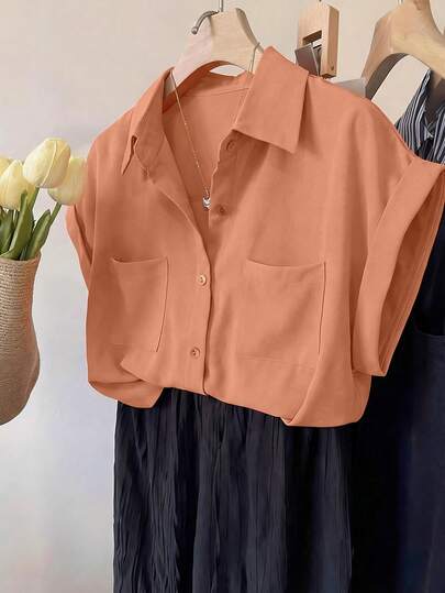 INAWLY Women's Casual Daily Commute Simple Solid Color Bat Wing Sleeve Patchwork Pocket Shirt, Suitable For Summer