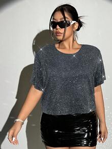 SHEIN ICON 夏季外出亮片短款大码T恤 - 灰色 - 查看 1