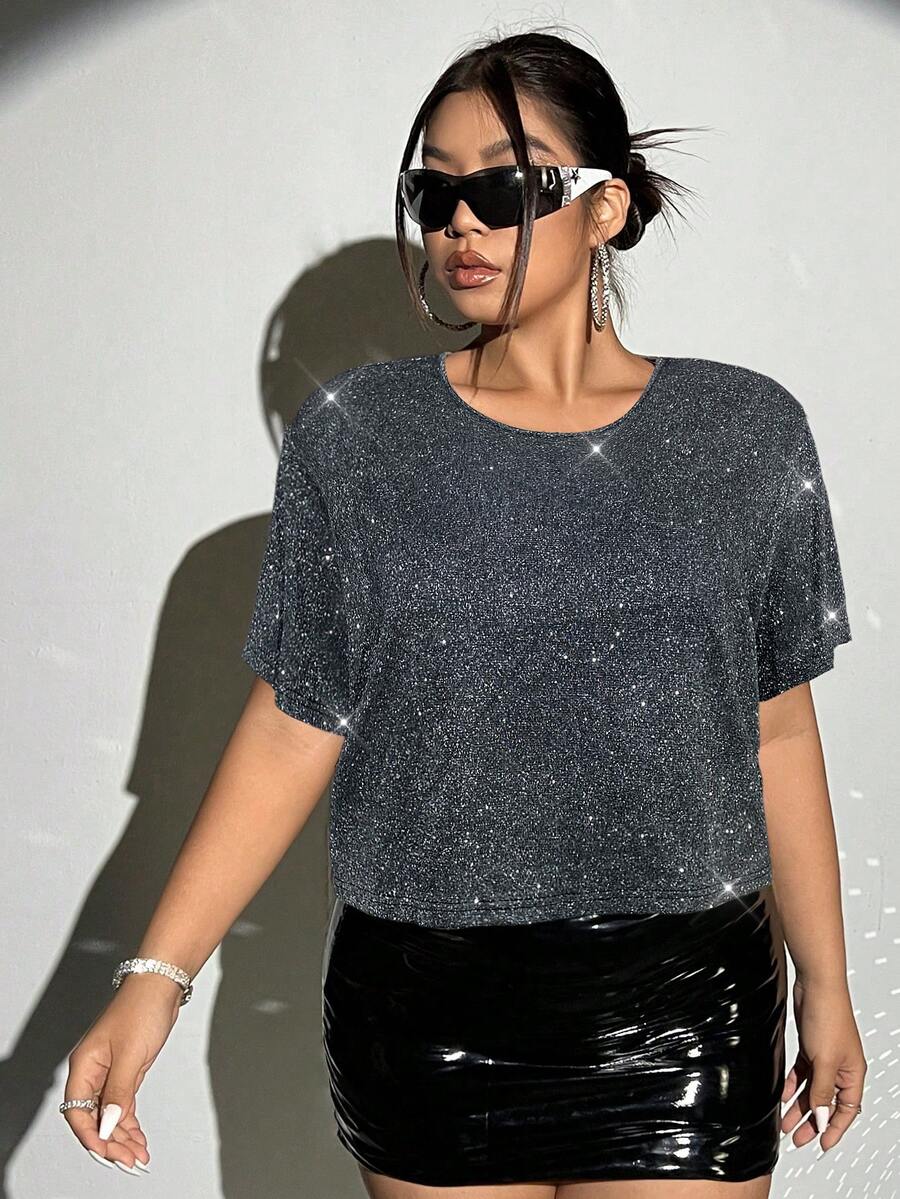 SHEIN ICON 夏季外出亮片短款大码T恤 - 灰色 - 查看 1