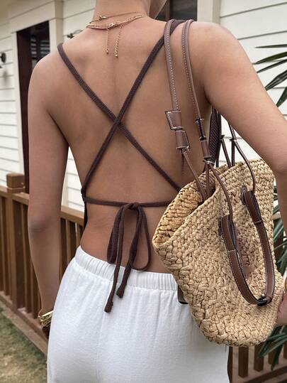 Livesso Top corto de punto de unicolor con escote espalda descubierta y cruzado con cuentas, adecuado para vacaciones en la playa