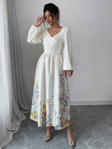 Modelyn Women's Crossed Wrap Lantern Sleeve Mid-Length Dress - Apricot - View 7