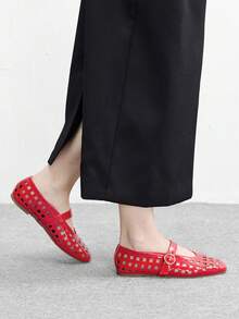 CUCCOO BIZCHIC 女士鞋 法式新款时尚红色镂空方头平底鞋，百搭优雅，舒适透气，轻便简约休闲，高端凉鞋 - 復古紅色 - 查看 5