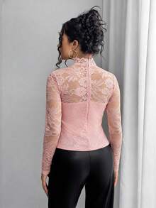Rafferiza Women's Elegant Lace Sheer Sexy Long Sleeve Fitted T-Shirt - Pink - View 2