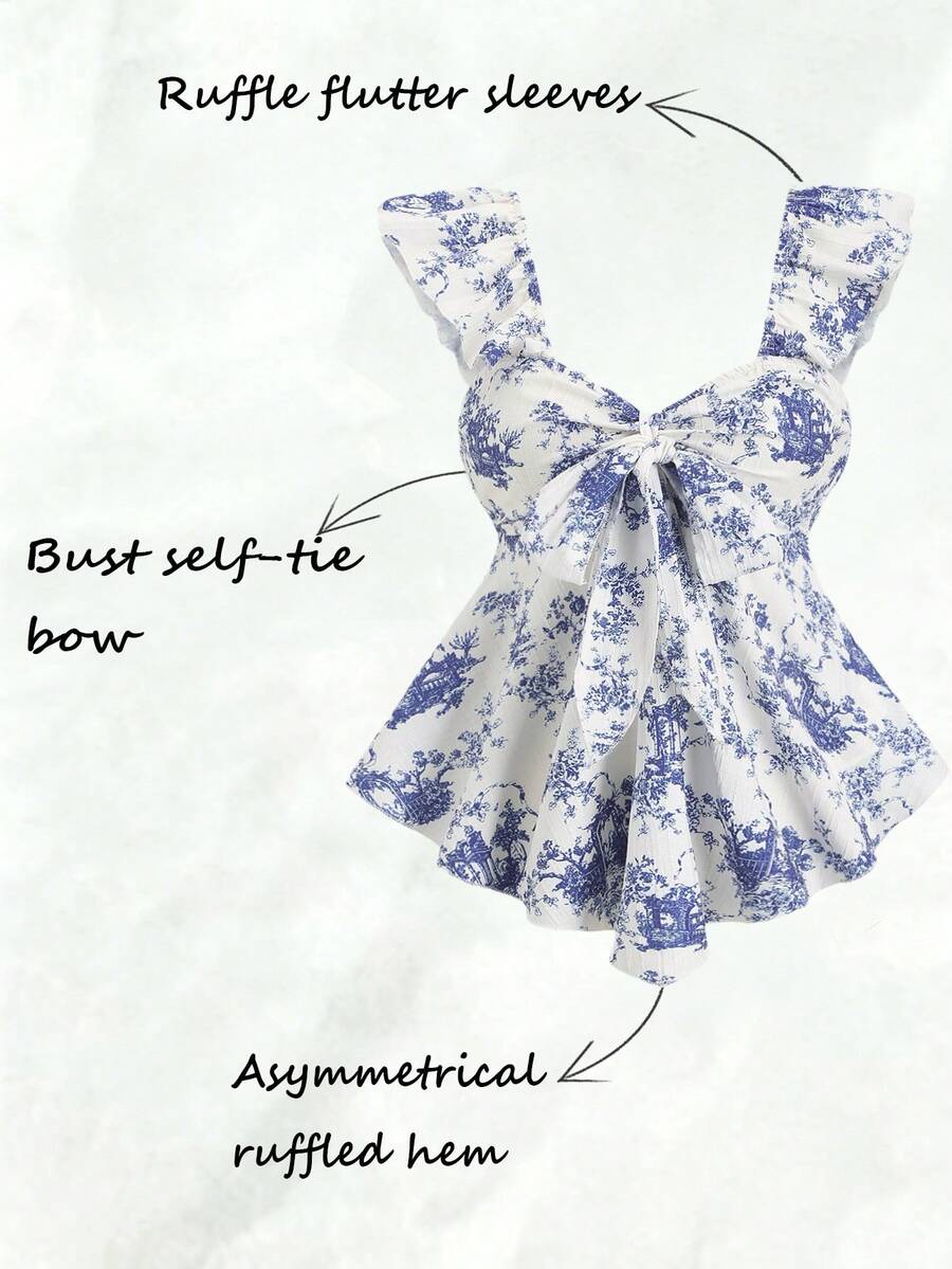 Olithes 女士休闲度假短袖胸前系带衬衫 - 藍色 - 查看 1