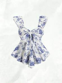 Olithes 女士休闲度假短袖胸前系带衬衫 - 藍色 - 查看 6