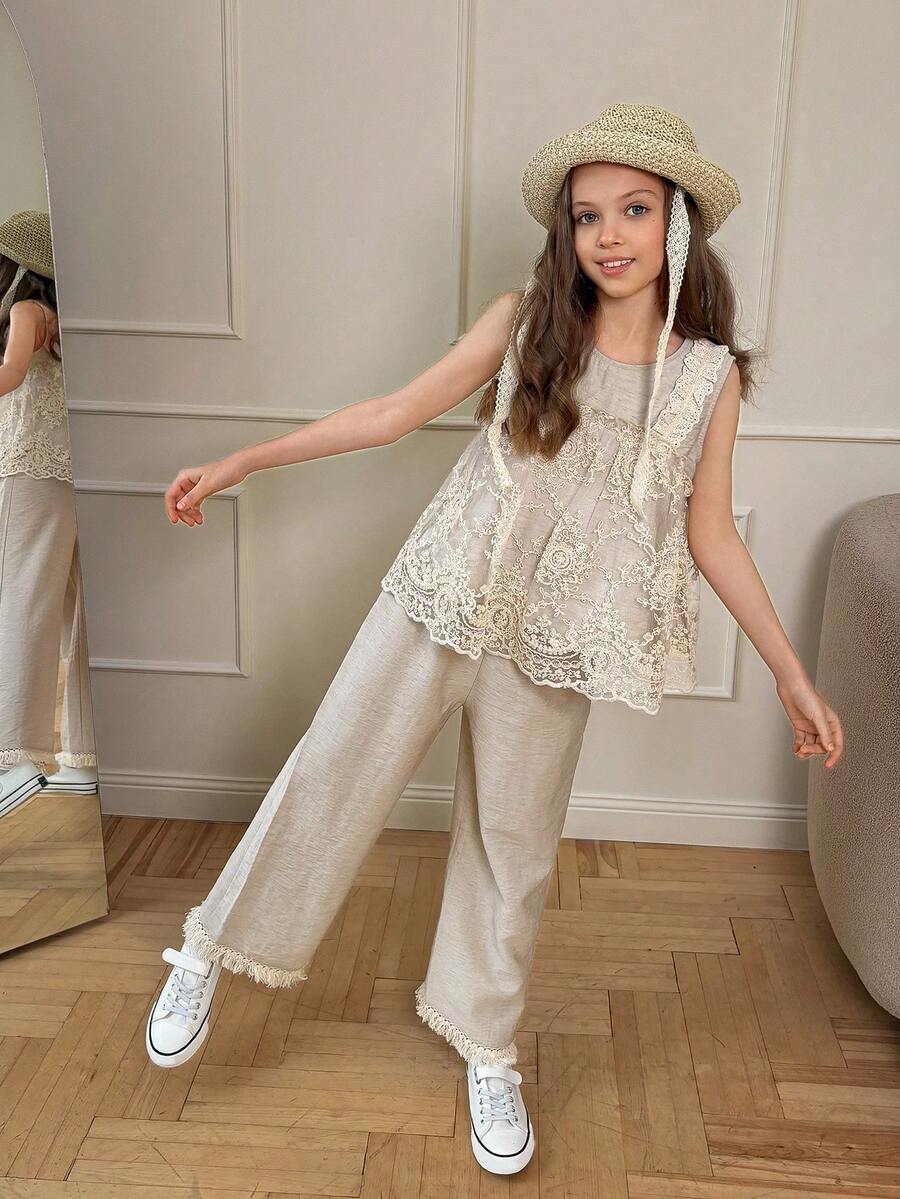 DAZY Tween Girls Sleeveless Lace Ruffle Blouse & Pants Set, Fall Outfit - Apricot - View 1