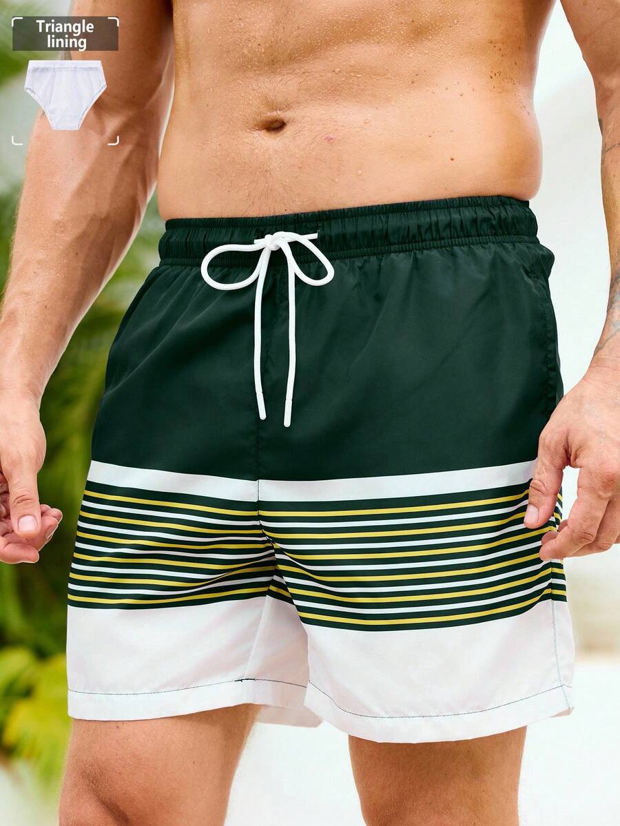 Manfinity KASUA Men's Striped Elastic Waist Drawstring Casual Beach Shorts, Versatile For Summer - Dark Green - View 1