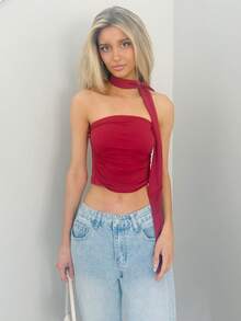 Sydney Algeri Y2K 风格豹纹短款褶皱红色抹胸女装 - 酒紅色 - 查看 1