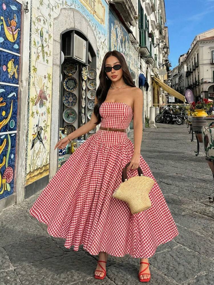 SHEIN PETITE Vestido formal de noche de línea A con hombros descubiertos a cuadros rojos, sin mangas, plisado, hasta el tobillo, para citas, vestido largo a cuadros, vestido de mujer para vacaciones, vestido de picnic, Día de San Valentín - Rojo - Añade 6