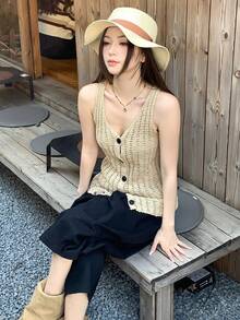 DAZY 女士手工针织吊带宽松度假风V领修身镂空开衫毛衣 - 杏色 - 查看 6