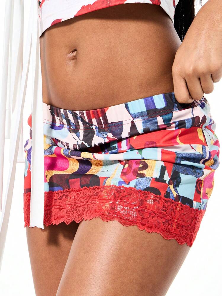 SUMWON Graphic Printed Mini Skirt With Lace Trim Abstract Colorful Pattern High Rise Summer Festival Vacation Beach Style Lightweight Comfortable Fit