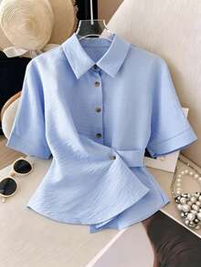 Franclia Nueva camisa de verano de moda para mujer con cuello de solapa, botones y corte asimétrico, de estilo casual y holgado con cintura ceñida - Azul - Ver 3