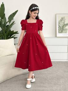 SHEIN Tween-Mädchen Süßes Puffärmel Quadratausschnitt Prinzessin Kleid, Lässig Alltagstragen, Festliche Kleidung, Partykleid, Geburtstags- & Geschwister-Partnerlook, geeignet Alltag, Feste, Familienfeiern und besondere Anlässe, Geschwister-Stil Kleidung, Frühling/Sommer, Bezaubernd, Elegant, Süß, Retro, Modisch. Passend für Mütter, Töchter und Schwestern - Rot - Übersicht 6