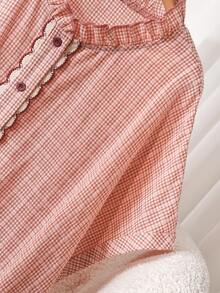 CosyJoli 大码女式花卉蕾丝边衬衫，蝙蝠袖宽松纽扣格子衬衫，休闲春夏短袖复古衬衫 - 紅木色 - 查看 5