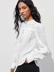 Maija 女士纯色镂空刺绣长袖休闲衬衫，适合夏季度假、春假、春季、海滩、生日、外出等场合，优雅时尚，白色上衣，适合夏季外出、毕业典礼等场合。 - 白色 - 查看 8