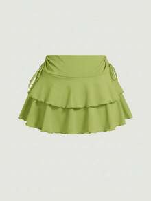 SHEIN PETITE CURVE Váy xòe màu trơn với chi tiết dây rút và xếp ly. - màu xanh lá - Xem 4