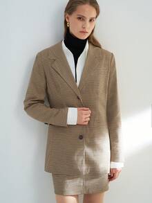 INAWLY 女式常规格子翻领长袖夹克和迷你裙优雅套装 - 棕色 - 查看 1