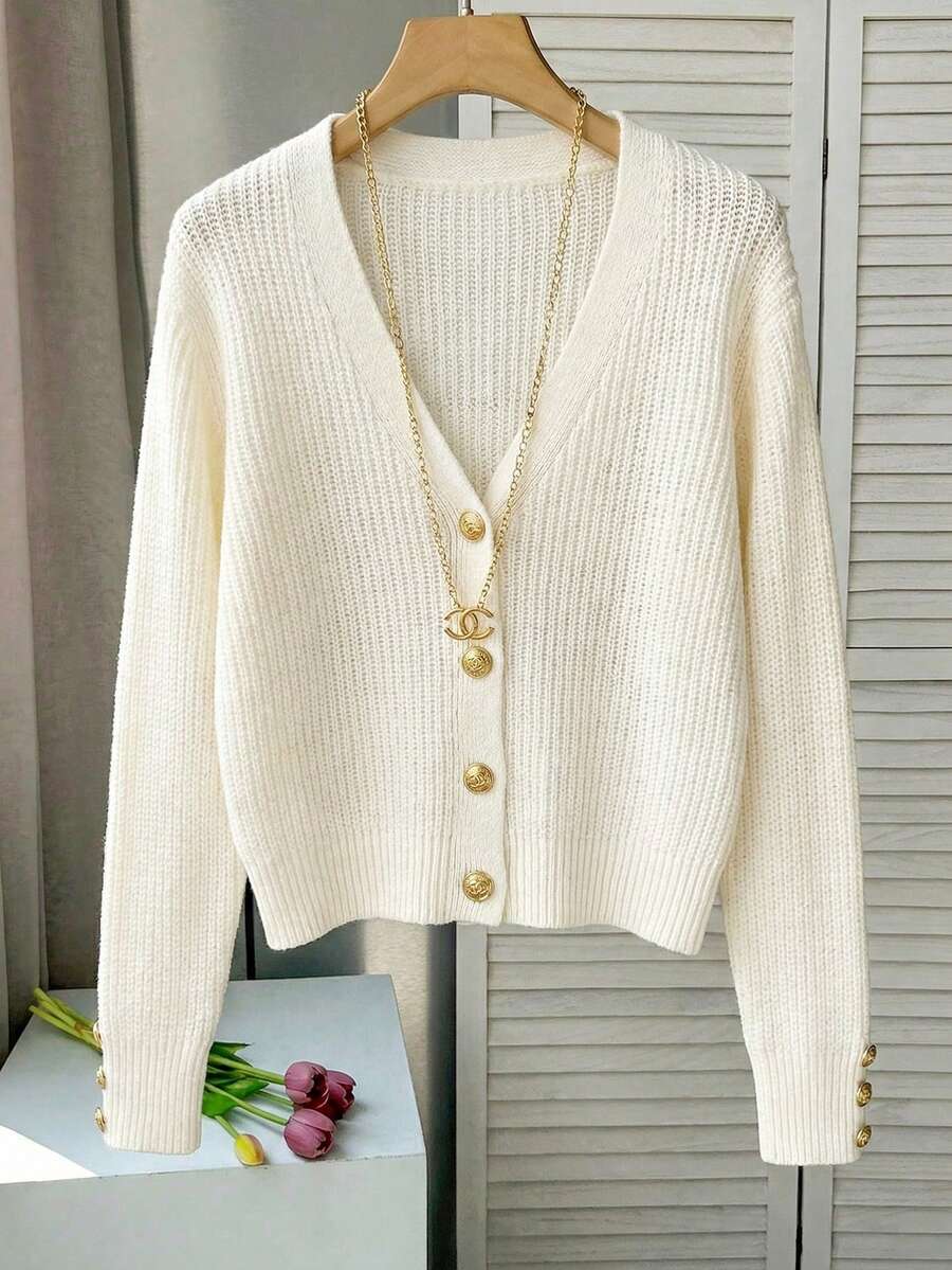 SHEIN Franclia 早春新款时尚通勤优雅百搭宽松休闲3D罗纹杏色V领长袖开衫，配独特金属纽扣，女款 - 杏色 - 查看 1