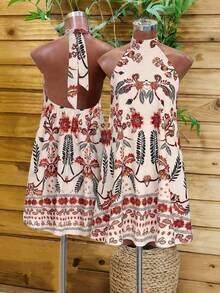 Lunelith SHEIN Lunessa Vestido corto sin mangas con estampado y cuello halter para mujer - Albaricoque - Ver 1