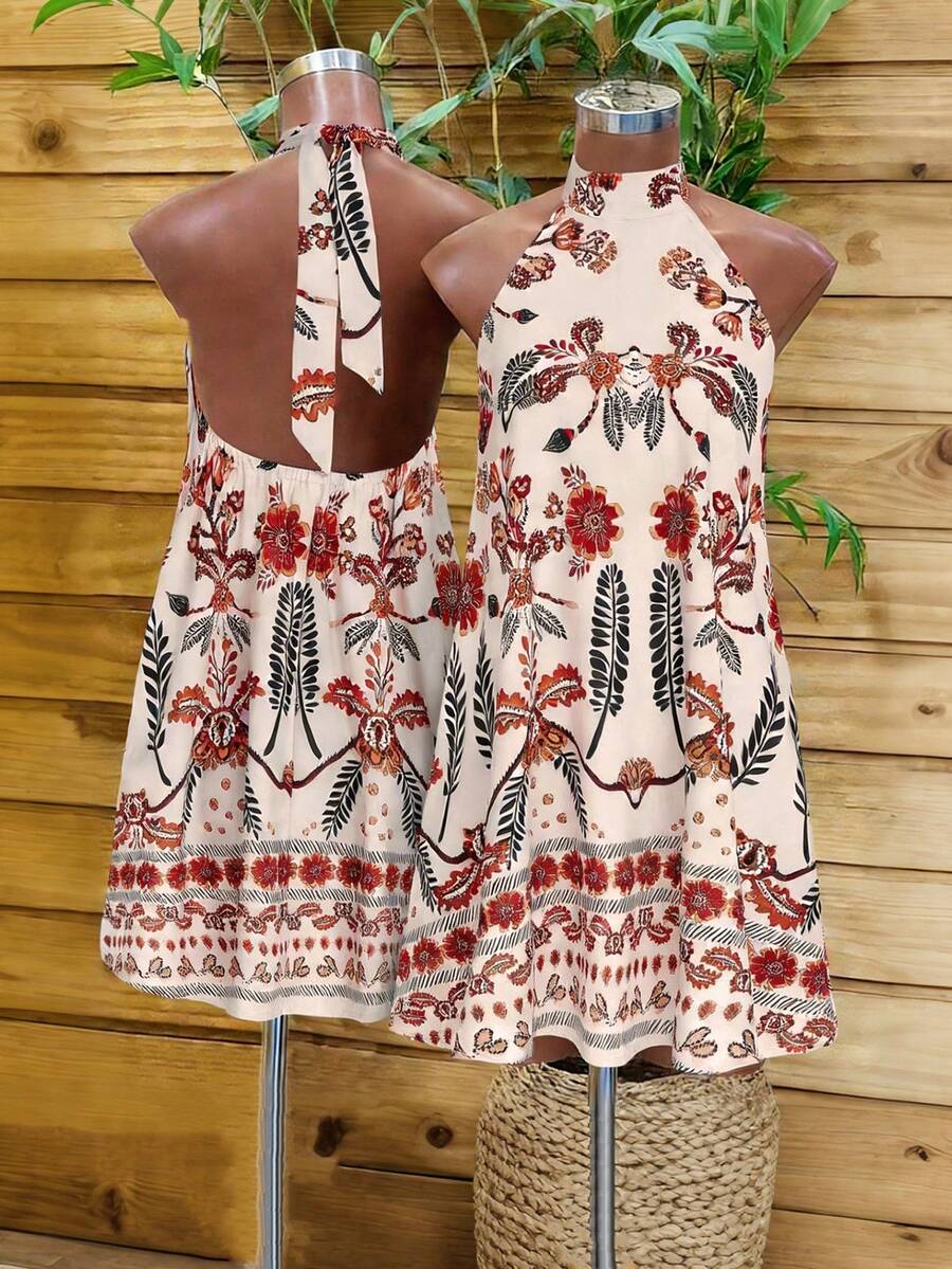 Lunelith SHEIN Lunessa Vestido corto sin mangas con estampado y cuello halter para mujer - Albaricoque - Ver 1