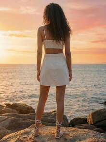 CAJUNI Chic Women's Mini Dress With Cutout Waist And Statement Front Flower Design - Apricot - View 2