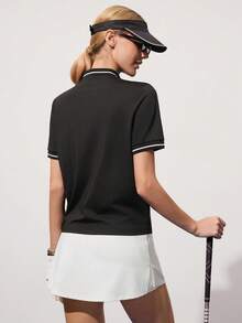 CourtClass Women's Golf Polo Shirt With Striped Pattern And Zipper Closure - Black - View 2