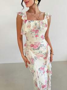 Firerie Women's Elegant Romantic Date Party Wedding Guest Dress, Women Elegant Long Floral Print Dress With Square Neck And Ruffle Details Perfect For Summer,Pink Asymmetric Ruffle Shoulder Long Sleeve Pleated Design Slim Fit Ruffle Hem Dress ,Summer Dress - Pink - View 3