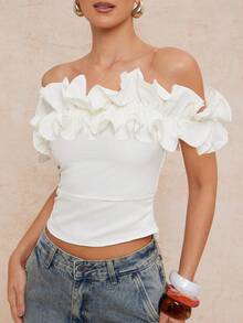 Lumalex 春夏女士露肩荷叶边下摆收腰露背蕾丝上衣，适合春假、夏季假期、情人节、嘉年华、海滩婚礼、宾客、晚宴、伴娘、婚礼及活动、外出、优雅度假、奢华晚宴、老钱假日派对、锐舞节、郊游、度假、户外、层次丰富的婚礼季、宴会派对、生日派对等场合。 - 白色 - 查看 8