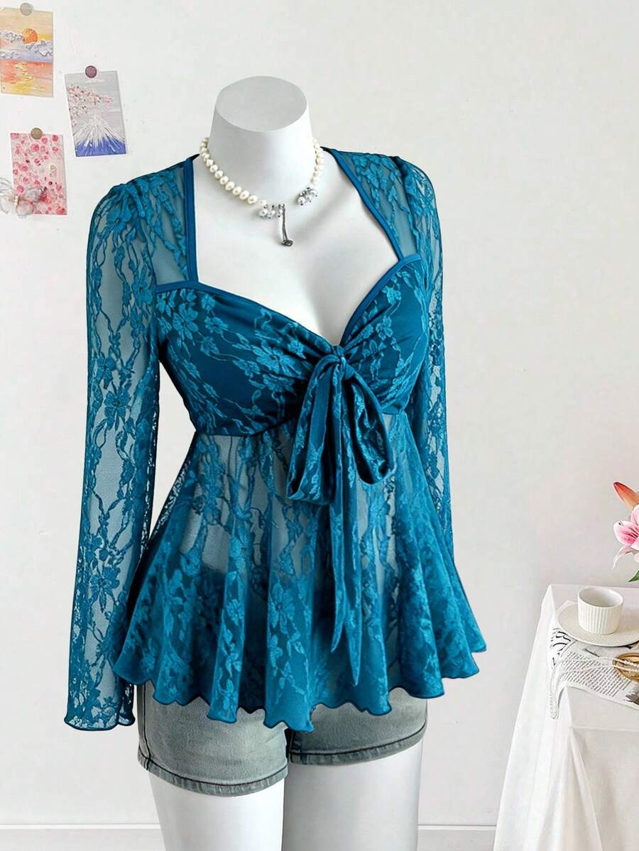 Sweetra 大码女式方领蝴蝶结蕾丝薄纱A字露脐上衣，优雅复古性感度假派对款，鸭蛋蓝 - 水鴨藍 - 查看 1