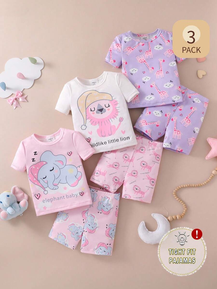 6件套女婴卡通大象、狮子、长颈鹿、云朵印花短袖修身睡衣套装 - 彩色 - 查看 1