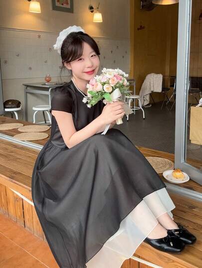 Women's Sweet Elegant Sheer Mesh Puff Sleeve Dress, Summer New Arrival Sun Dresses For Women