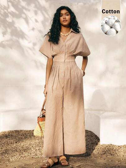 Poéselle Mono holgado de pierna ancha con cuello en V, cintura fruncida y estampado de rayas, estilo casual de vacaciones para mujer, primavera/verano/otoño