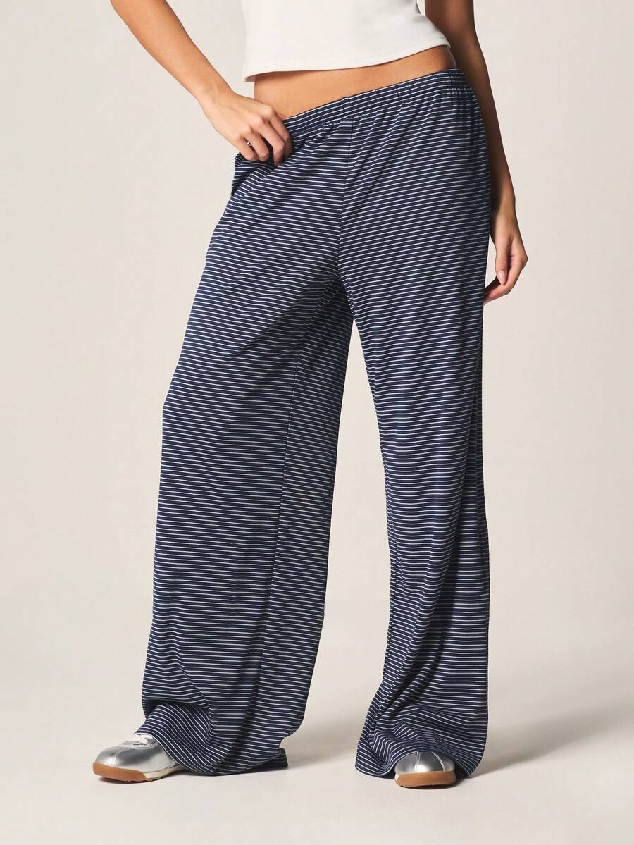 MISSGUIDED Quần jogger ống rộng kẻ sọc dành cho nữ, kiểu palazzo, có dây rút, cạp chun, dáng rộng thoải mái, thích hợp mặc ở nhà. - Xanh đậm - Xem 1
