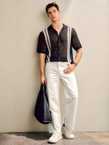 Manfinity Homme Áo khoác cardigan nam phong cách casual, phối màu lấy cảm hứng từ các blogger thời trang, kiểu dáng khoét rỗng, thích hợp cho kỳ nghỉ. - màu đen - Xem 7