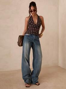 SHEIN Glamour Women's Polka Dot V-Neck Halter Sleeveless Ruched Sexy Blouse - Coffee Brown - View 3