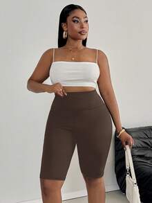 SHEIN PETITE CURVE 大码女士休闲纯色打底裤，适合夏季穿着 - 咖啡棕 - 查看 7