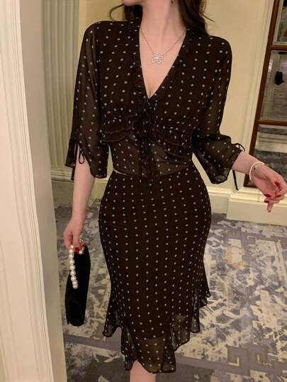 DAZY Blusa de gasa con mangas acampanadas y estampado de lunares para primavera y verano, camisa corta negra con nudo delantero, falda tubo, falda de cola de pez, conjunto de dos piezas, casual, playa, boda, elegante, ajuste ceñido, parche de malla transparente